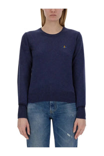 Navy blue Vivienne Westwood women’s Bea shirt crewneck sweater with small embroidered logo on left chest