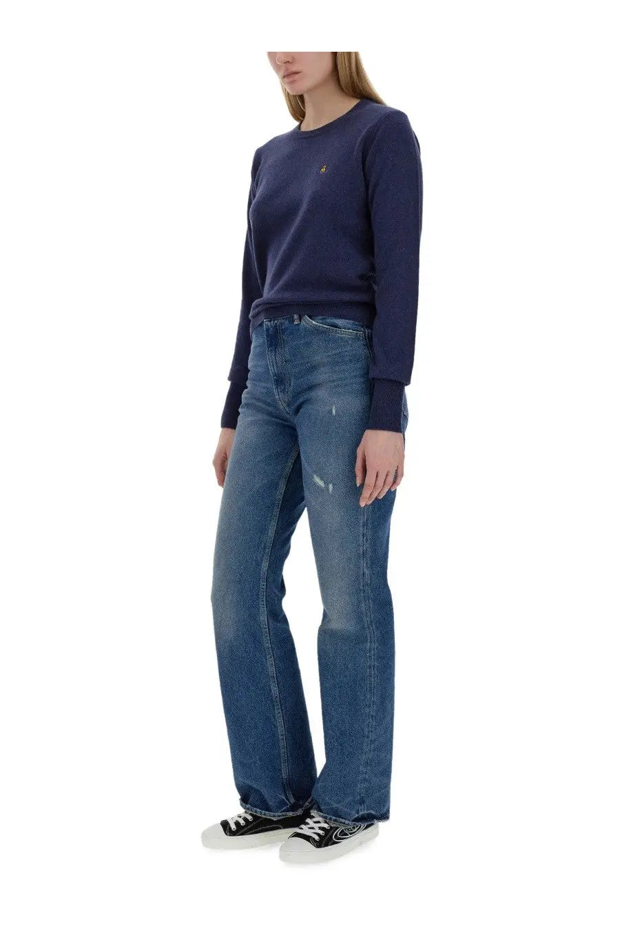 Navy blue vivienne westwood women’s long-sleeved sweatshirt with small embroidered logo on the chest