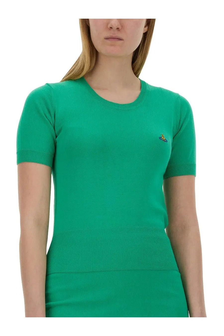 Vivienne Westwood women’s Bea shirt green short-sleeved knit top with ribbed detailing and embroidered logo