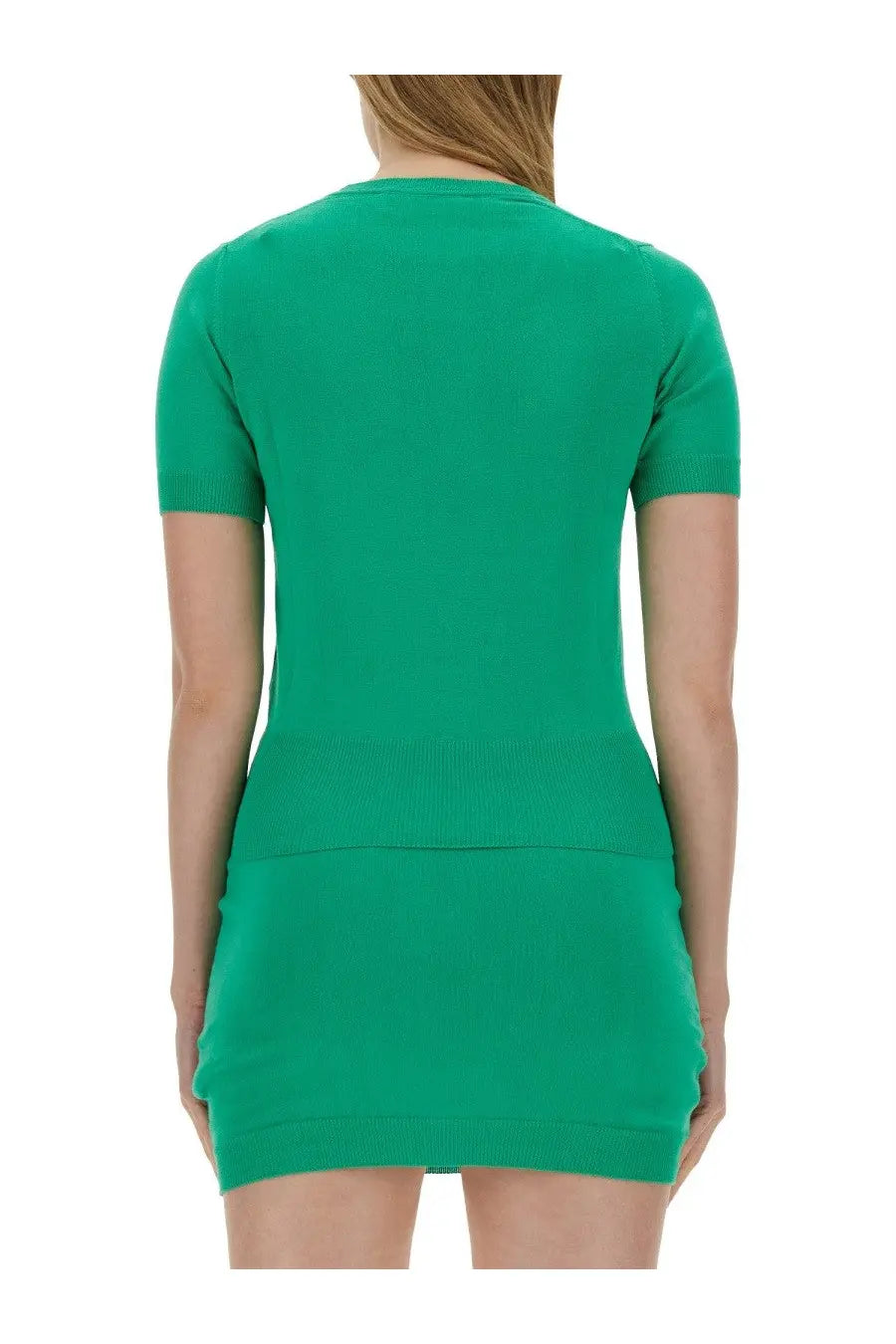 Vivienne Westwood women’s Bea shirt in vibrant emerald green short-sleeved knit with a fitted silhouette and ribbed waistband