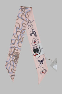 A delicate pink vivienne westwood silk beandeau scarf with whimsical black brown and blue flower and orb line drawings