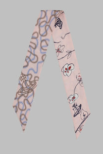 Vivienne Westwood women’s beandeau pink silk scarf with whimsical blue brown floral and black red logo patterns