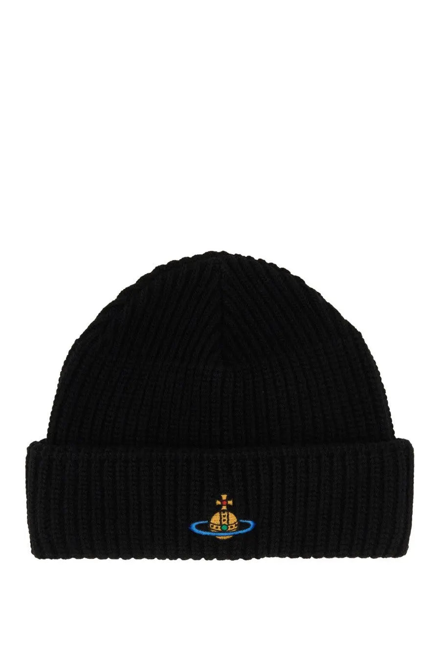 Black ribbed knit beanie hat with colorful embroidered Vivienne Westwood logo on the folded brim for women