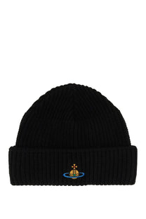 Black ribbed knit beanie hat with colorful embroidered Vivienne Westwood logo on the folded brim for women