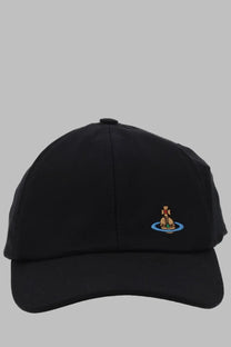 Vivienne Westwood women’s black baseball cap with small embroidered logo featuring a brown and red figure on blue base