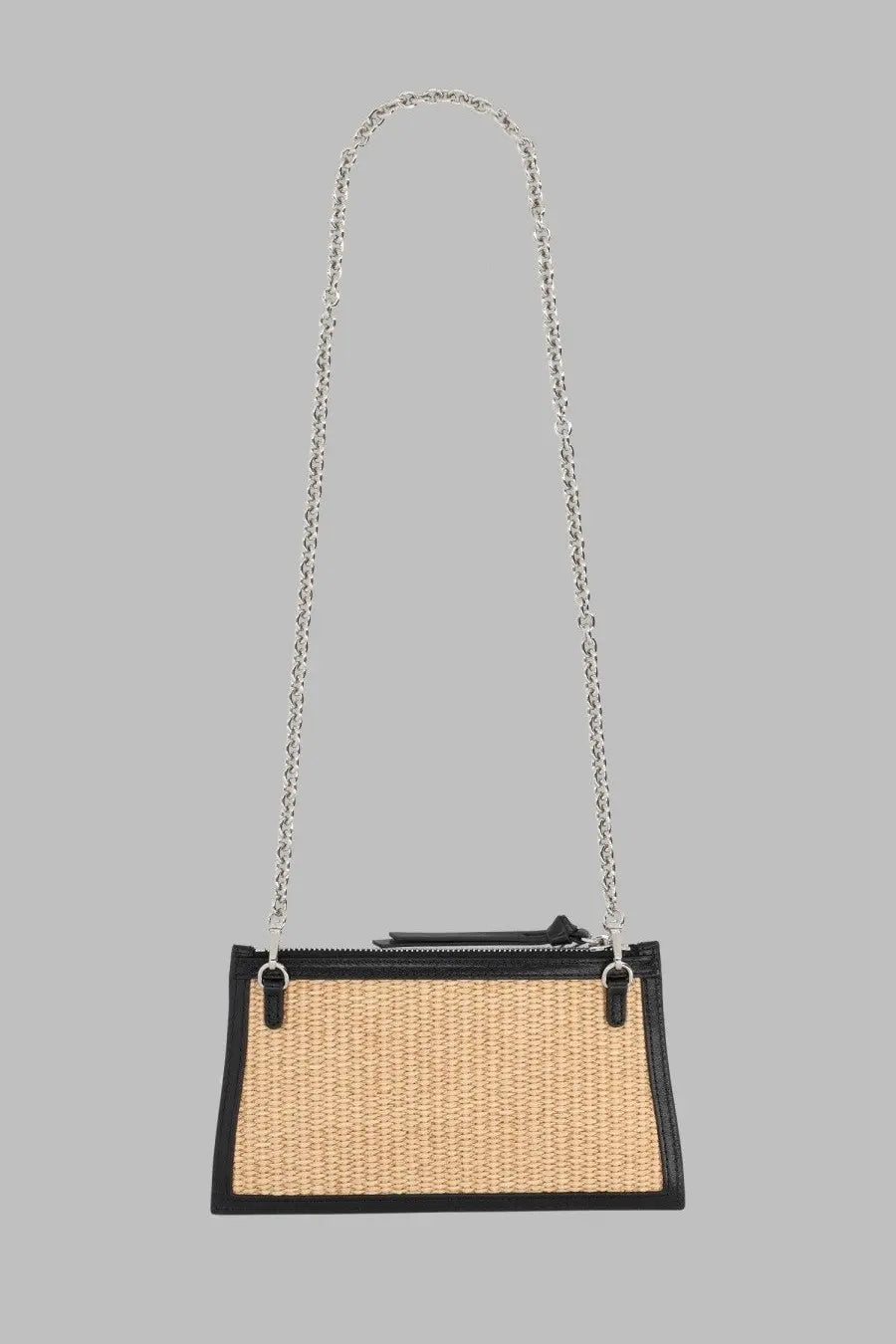 Vivienne Westwood women’s borsa clutch flat small intrecciata beige woven straw with black leather trim and silver chain strap