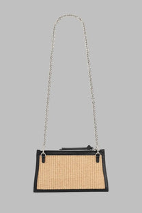 Vivienne Westwood women’s borsa clutch flat small intrecciata beige woven straw with black leather trim and silver chain strap