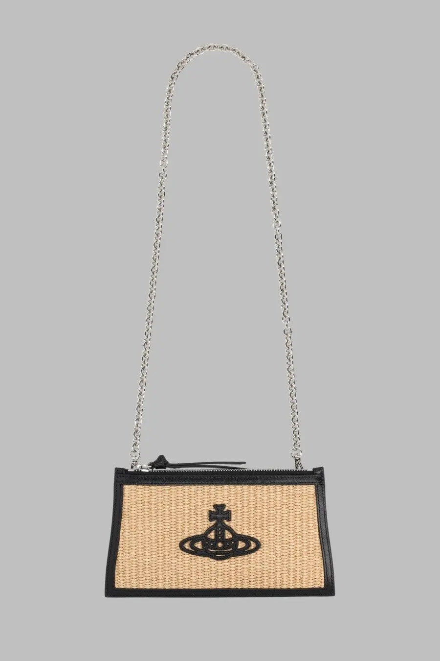 Beige woven straw clutch with black leather trim and black orb logo vivienne westwood borsa clutch flat small intrecciata