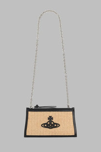 Beige woven straw clutch with black leather trim and black orb logo vivienne westwood borsa clutch flat small intrecciata