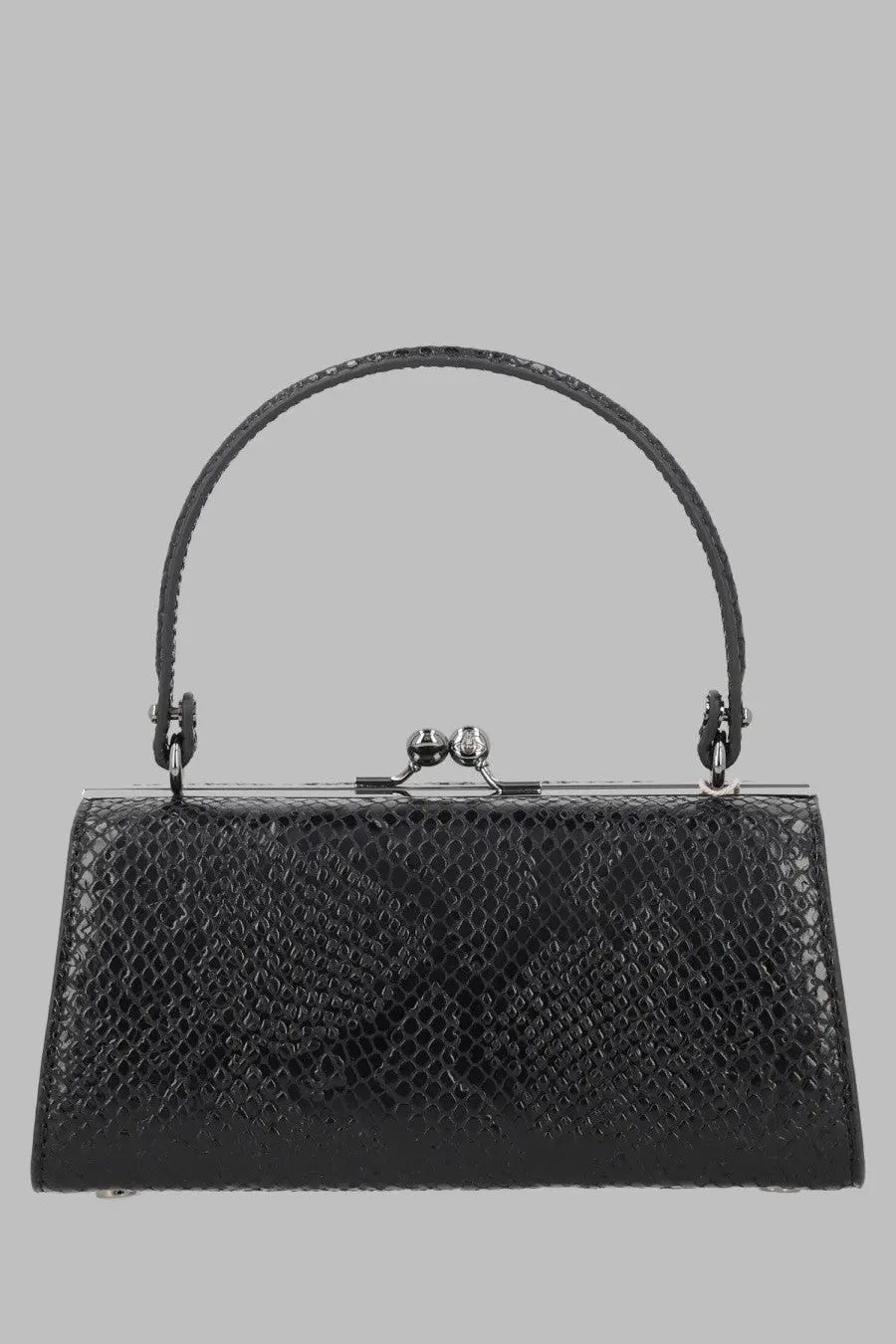Vivienne Westwood women’s borsa doll black clutch bag with black snakeskin pattern silver clasp and matching handle