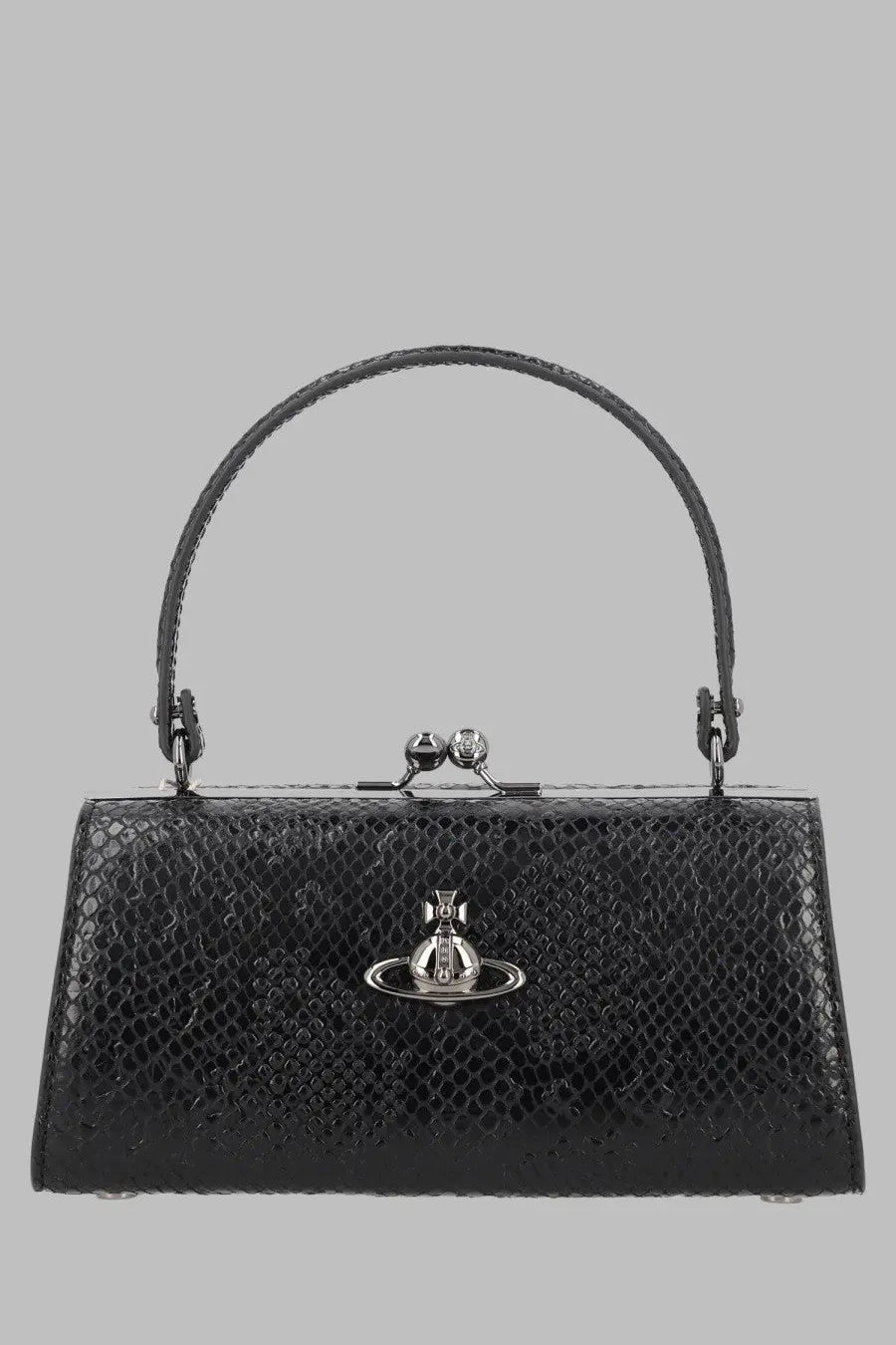Vivienne Westwood women’s borsa doll black snakeskin handbag with silver clasp handle and orb logo