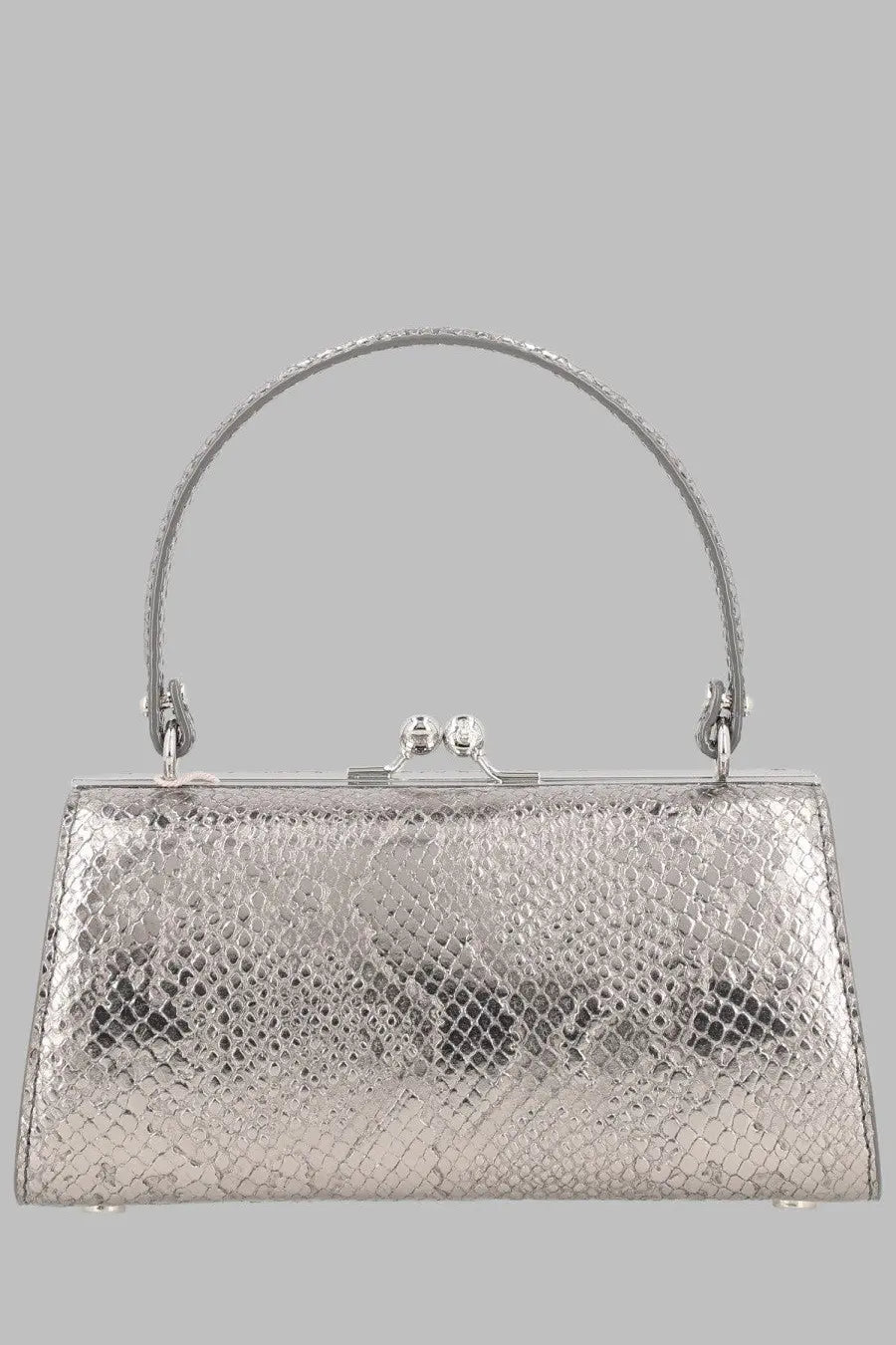 Vivienne Westwood women’s borsa doll silver clutch bag with silver snakeskin pattern curved handle and metallic clasp