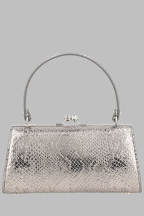 Vivienne Westwood women’s borsa doll silver clutch bag with silver snakeskin pattern curved handle and metallic clasp