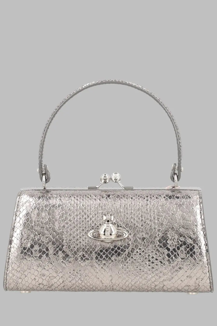 Vivienne Westwood women’s borsa doll silver snakeskin handbag with metallic clasp handle and orb logo