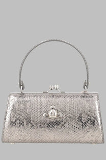 Vivienne Westwood women’s borsa doll silver snakeskin handbag with metallic clasp handle and orb logo
