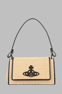 Vivienne Westwood women’s borsa hazel medium beige woven straw handbag with black leather trim and black embroidered orb logo