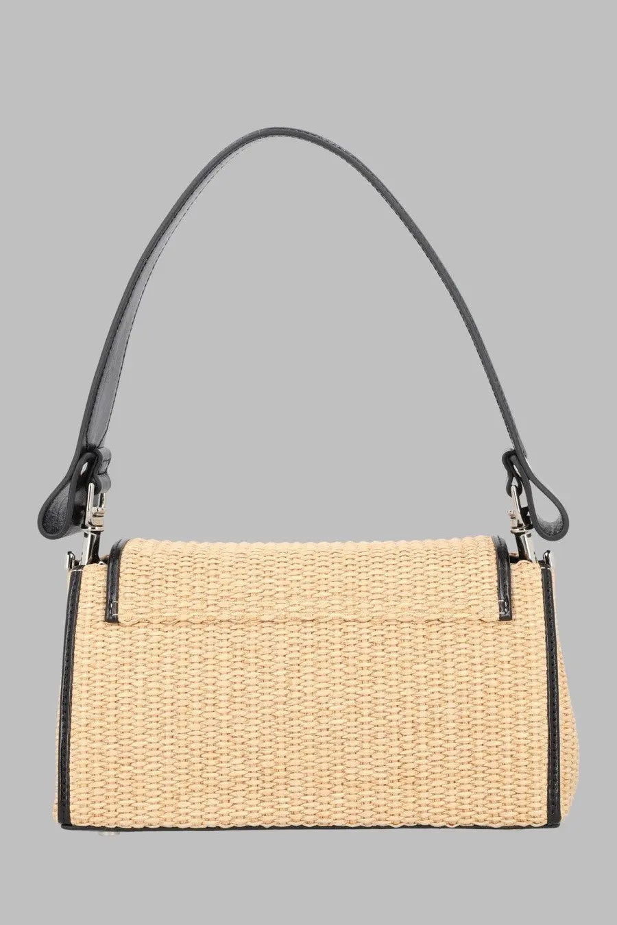 Beige woven straw vivienne westwood borsa hazel medium handbag with black leather trim and handle
