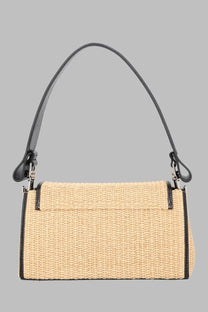 Beige woven straw vivienne westwood borsa hazel medium handbag with black leather trim and handle
