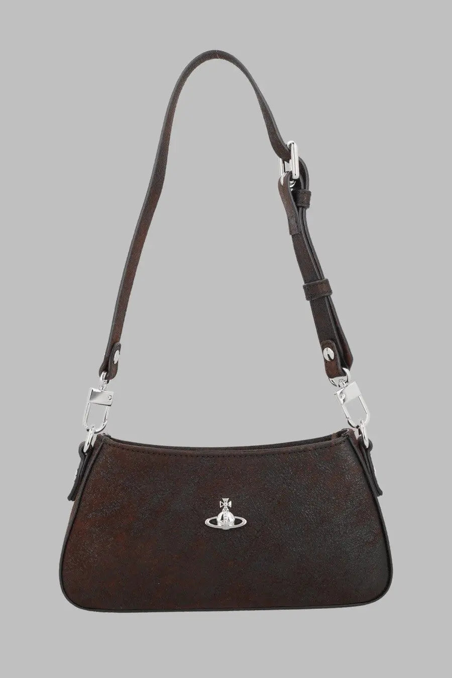 Vivienne Westwood women’s brown leather shoulder bag with silver orb logo emblem borsa spalla Tasha