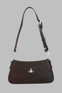 Vivienne Westwood women’s brown leather shoulder bag with silver orb logo emblem borsa spalla Tasha