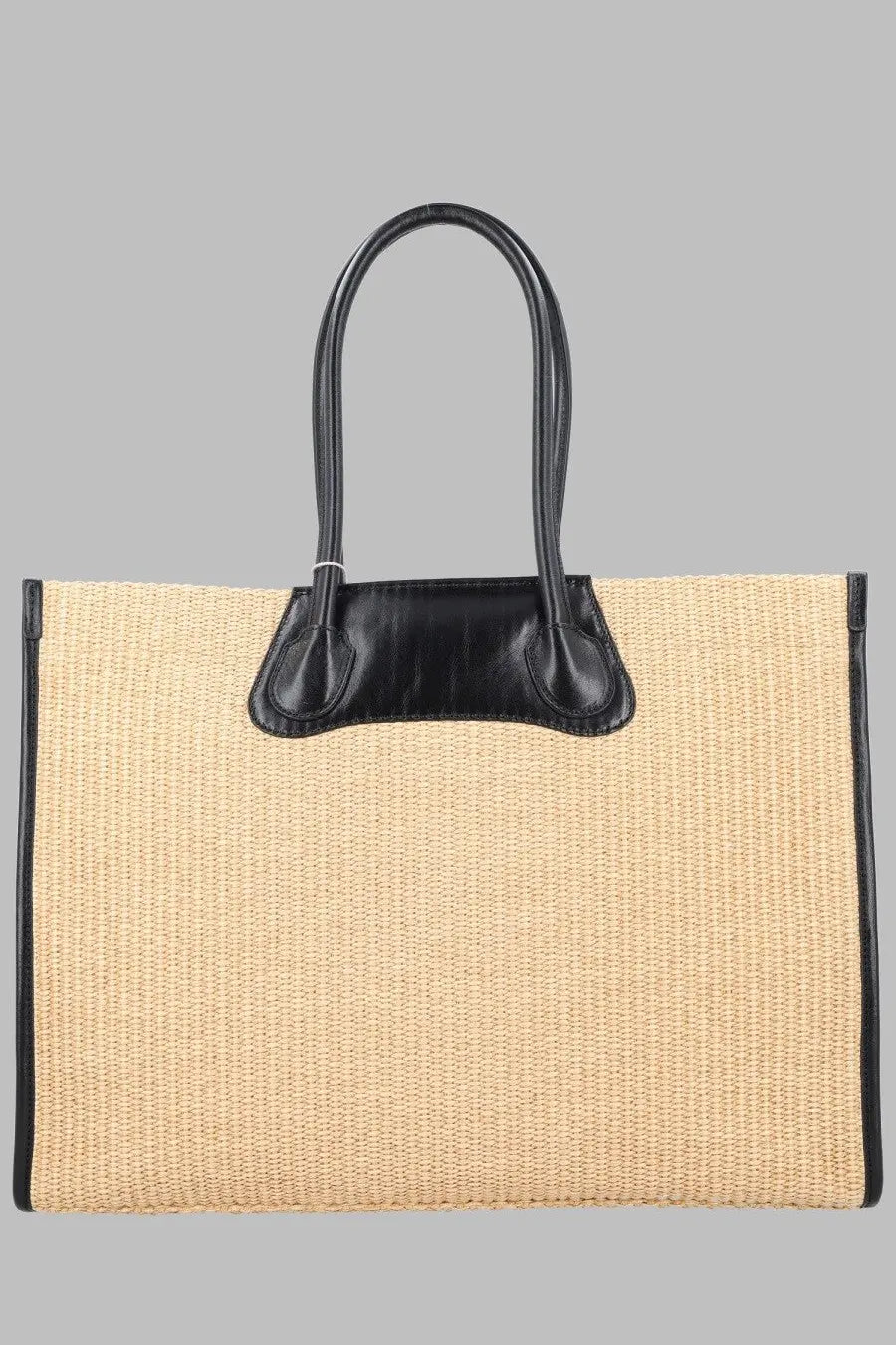 Vivienne Westwood women’s borsa tote troy beige woven straw bag with black leather handles and trim
