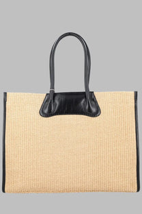 Vivienne Westwood women’s borsa tote troy beige woven straw bag with black leather handles and trim