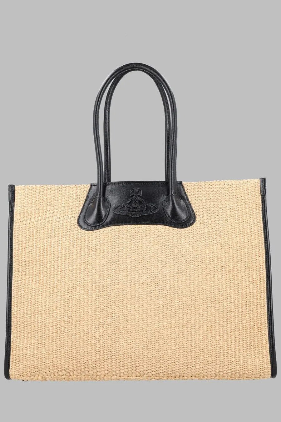 Beige woven straw Vivienne Westwood women’s borsa tote with black leather handles and central logo plaque