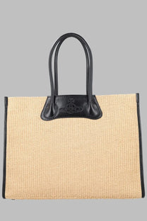 Beige woven straw Vivienne Westwood women’s borsa tote with black leather handles and central logo plaque