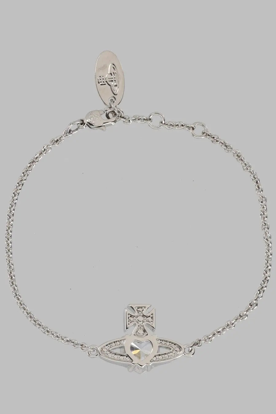 Vivienne Westwood women’s silver bracciale Ariella con orb bracelet with heart charm and ornate cross on delicate chain