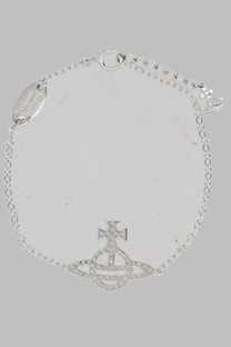 Vivienne Westwood women’s silver chain bracelet with orb logo and engraved oval tag in silver tone