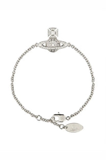 Vivienne Westwood women’s silver-plated chain bracelet with diamond-encrusted planet charm and oval-shaped tag