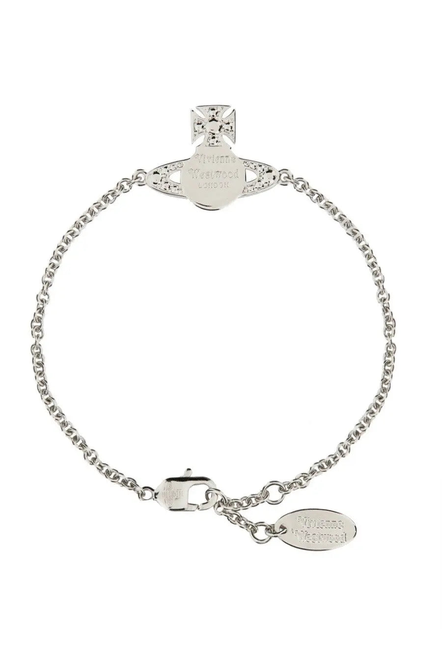 Vivienne Westwood women’s silver chain bracelet with a circular crystal charm and ornate cross pendant