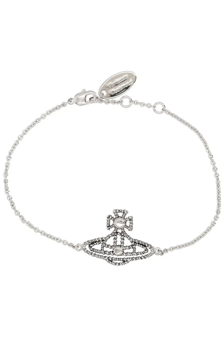Vivienne Westwood women’s silver-toned chain bracelet with textured orb logo and two small clear stones at center