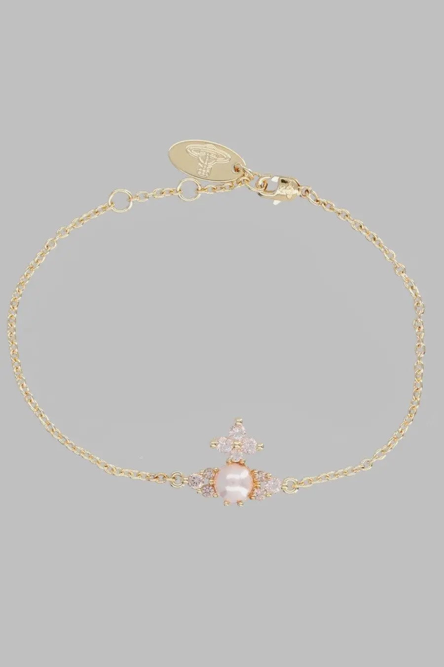 Vivienne Westwood women’s bracciale feodora gold bracelet with central pink pearl and clear crystal accents in rose gold