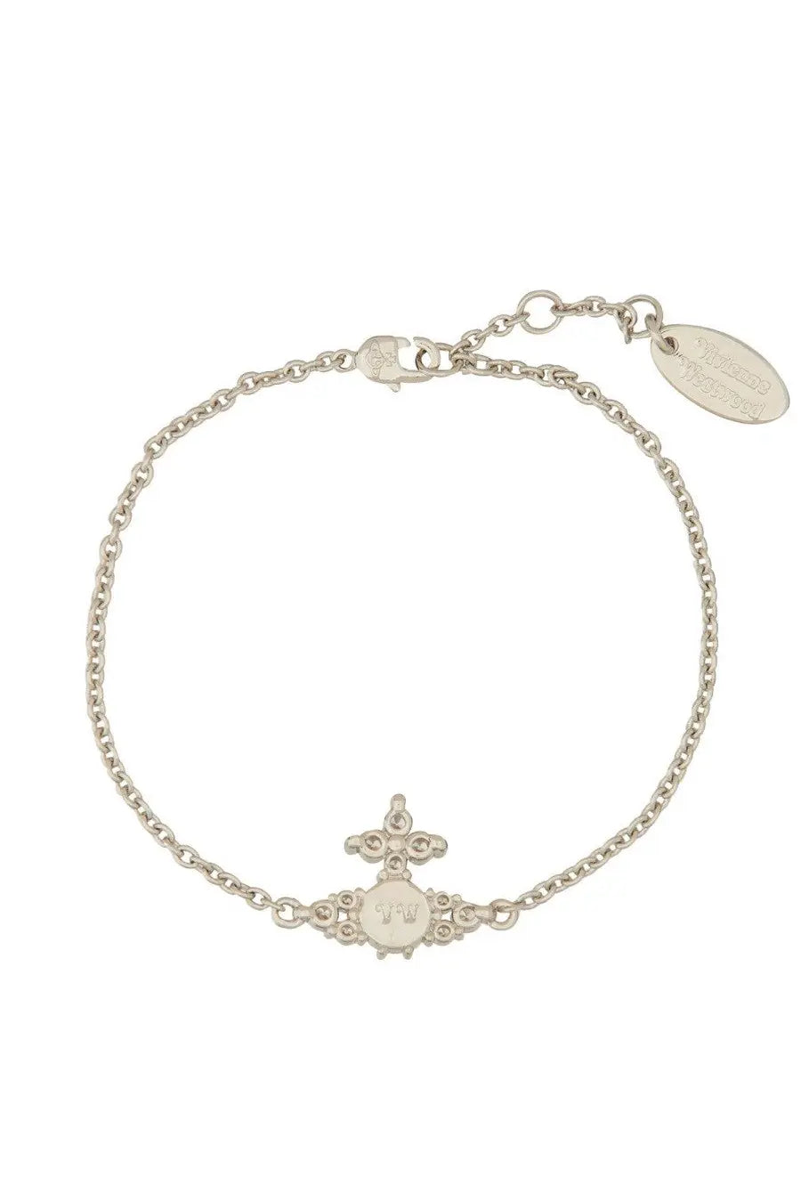 Vivienne westwood womens silver-toned chain bracelet with central ornate charm featuring engraved vw emblem