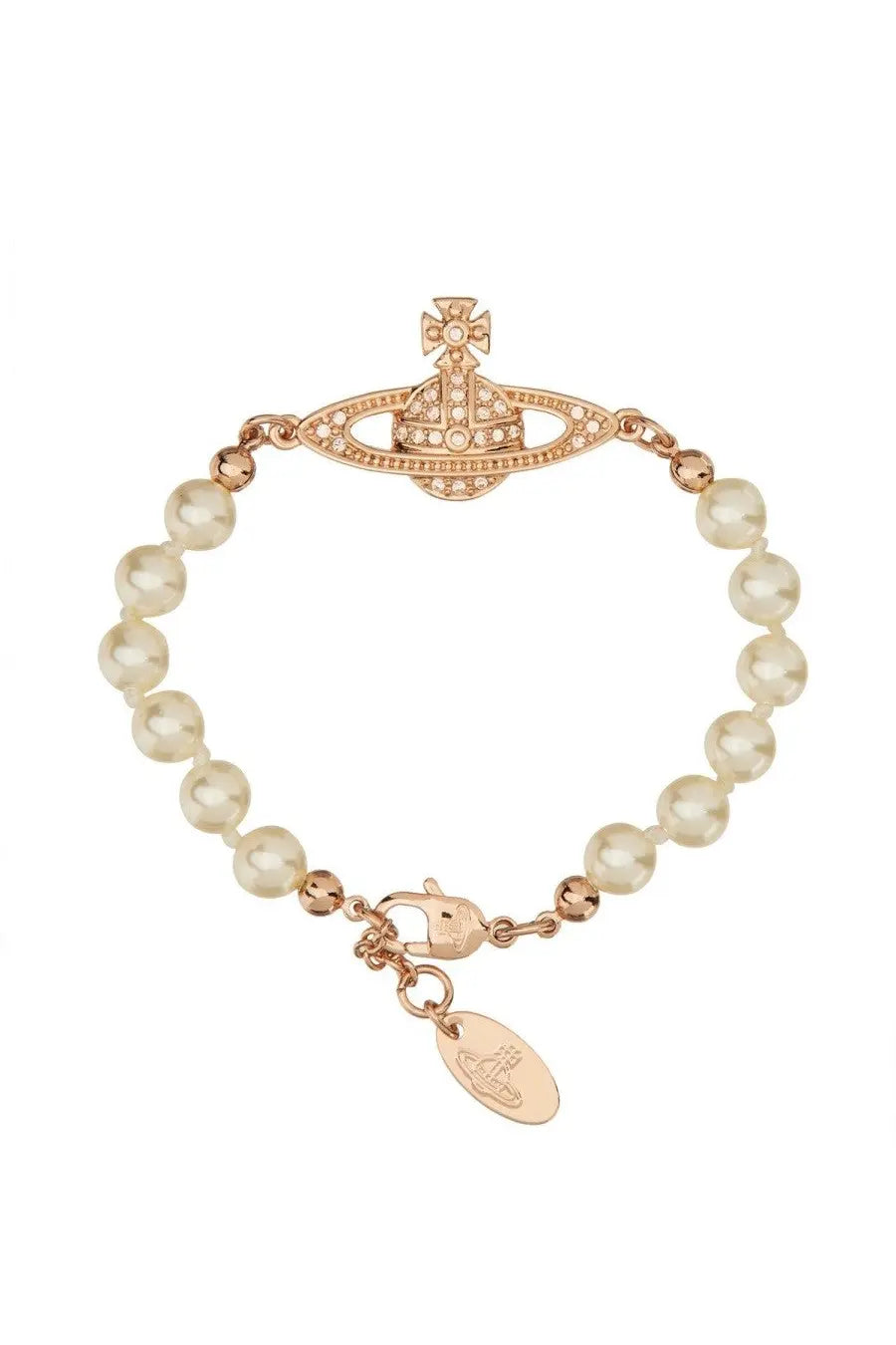 Vivienne Westwood women’s rose gold-toned bracciale mini bas relief bracelet with crystal orb logo and cream pearls