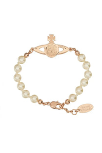 Vivienne Westwood women’s rose gold bracelet with central orb logo engraved face strung with creamy pearls and beads