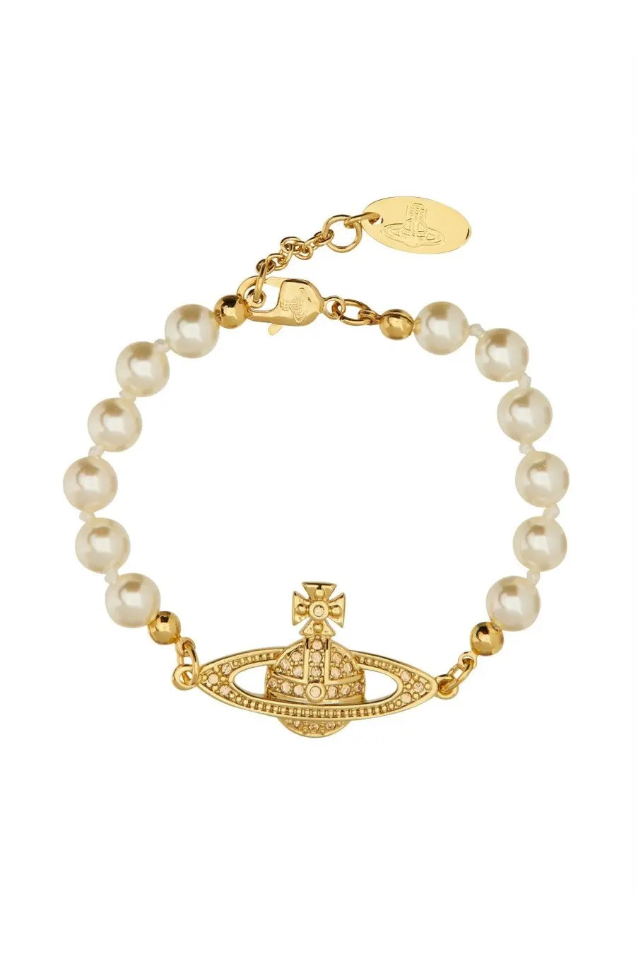 Vivienne Westwood women’s gold-toned bracelet with a planet charm, crystals, cream pearls, and gold beads
