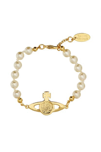 Vivienne Westwood women’s gold bracciale mini bas relief bracelet with a central orbital charm and cream pearls