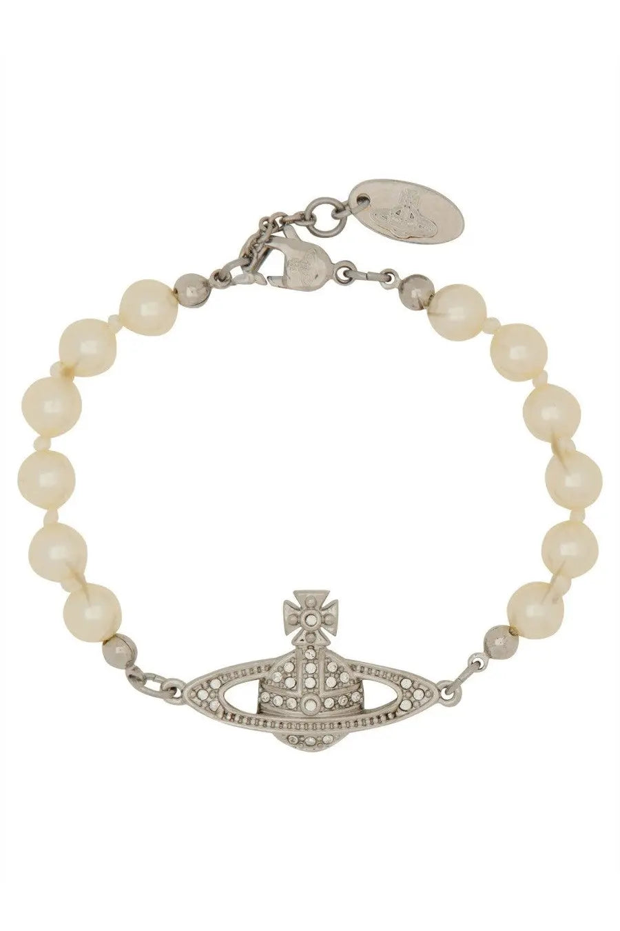 A delicate ivory pearl bracelet with a silver-toned vivienne westwood orb charm adorned with sparkling crystals