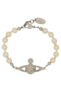 A delicate ivory pearl bracelet with a silver-toned vivienne westwood orb charm adorned with sparkling crystals