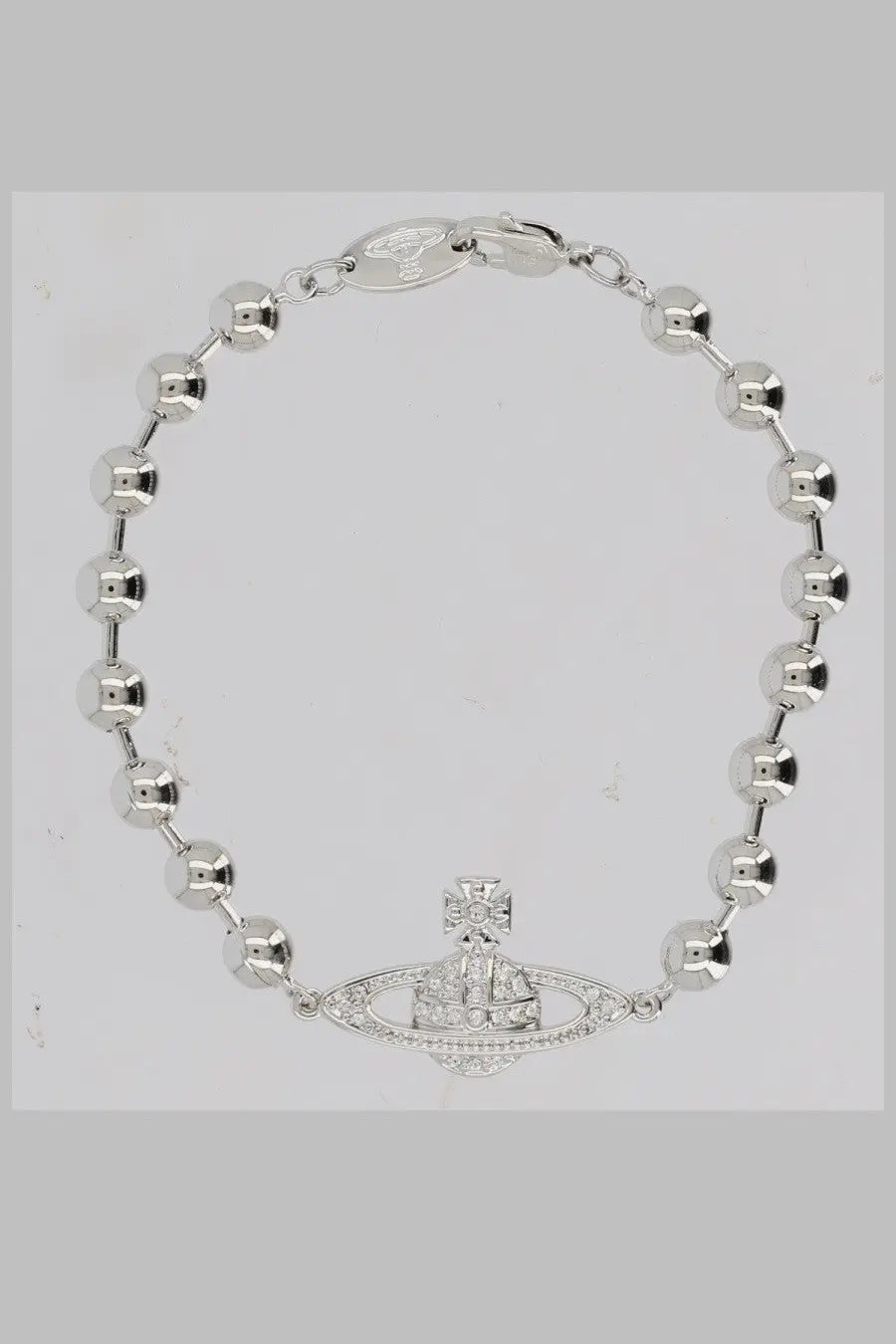 Silver ball chain bracelet with central vivienne westwood orb logo featuring crystal accents in mini design