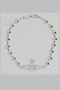 Silver ball chain bracelet with central vivienne westwood orb logo featuring crystal accents in mini design