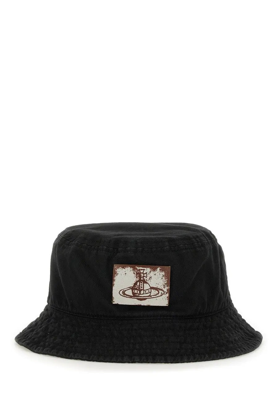 Black vivienne westwood women’s bucket hat with a distressed rectangular patch featuring the orb logo in brown and cream