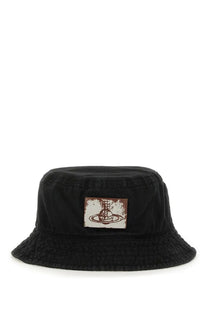 Black vivienne westwood women’s bucket hat with a distressed rectangular patch featuring the orb logo in brown and cream