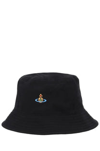 Vivienne Westwood women’s black bucket hat with small embroidered figure logo on a blue circle patch