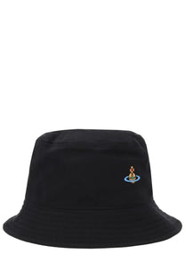Vivienne Westwood women’s black bucket hat featuring a small embroidered figure in a boat logo on the front