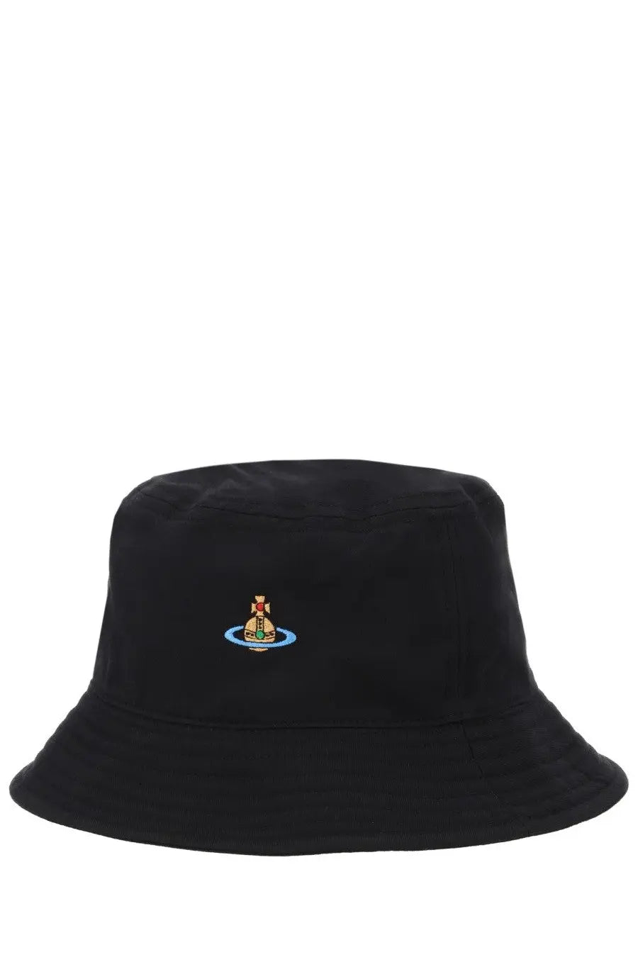 Vivienne Westwood women’s black bucket hat with small embroidered figure logo on a blue circle patch