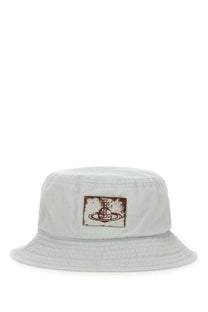 Light gray Vivienne Westwood women’s bucket hat with a distressed brown patch featuring the iconic orb logo