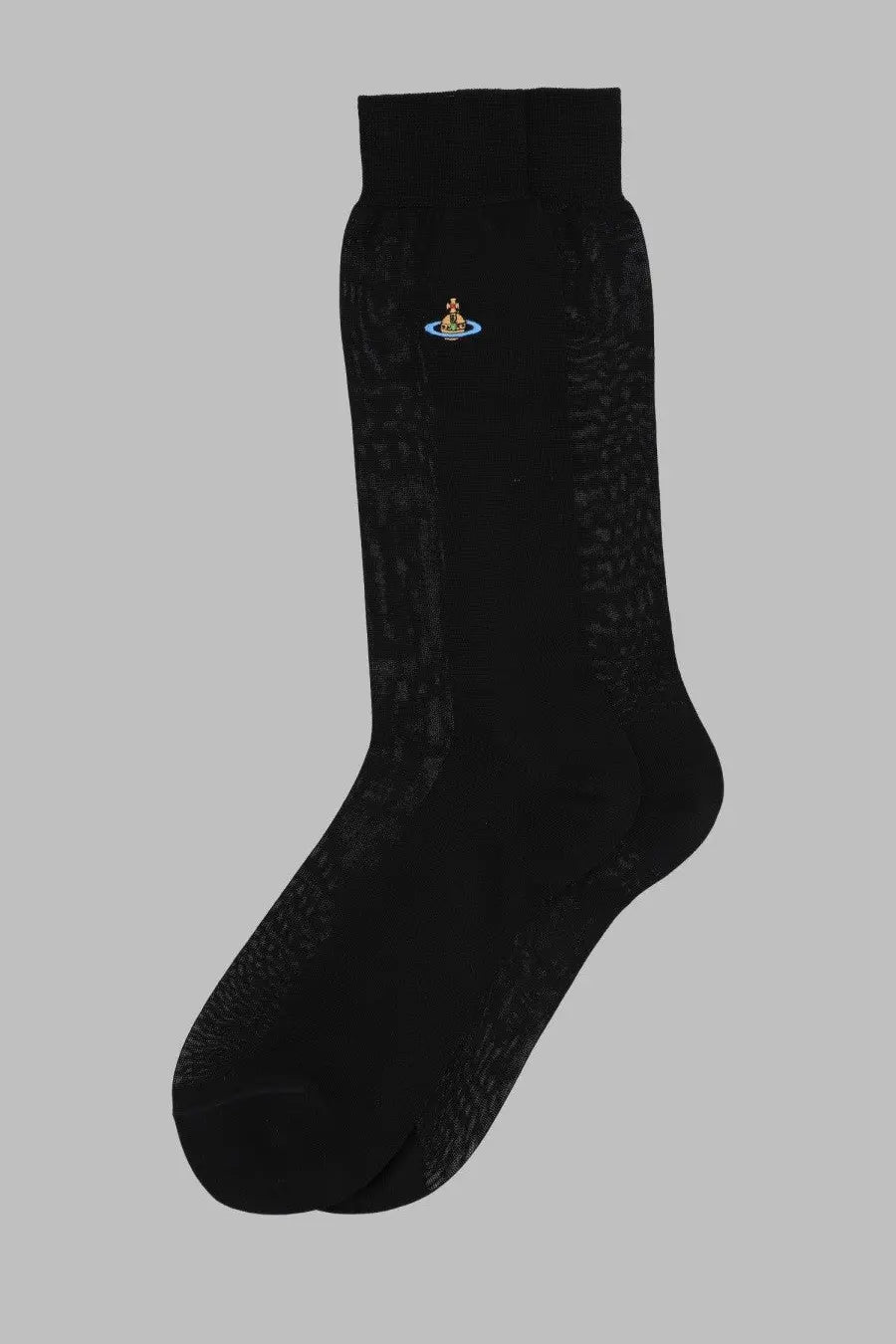 Vivienne Westwood women’s black crew-length sock with subtle texture and gold blue orb logo near the top